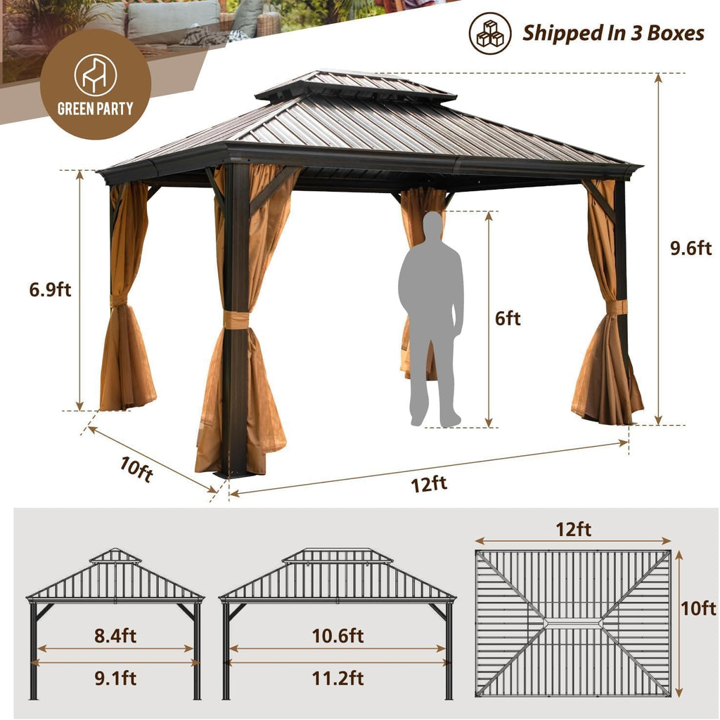 10 X 12ft Hardtop Gazebo with Nettings and Curtains, Heavy Duty Double Roof Galvanized Steel, Outdoor Aluminum Permanent Gazebos for Patios, Backyard, Deck, Garden, Lawns