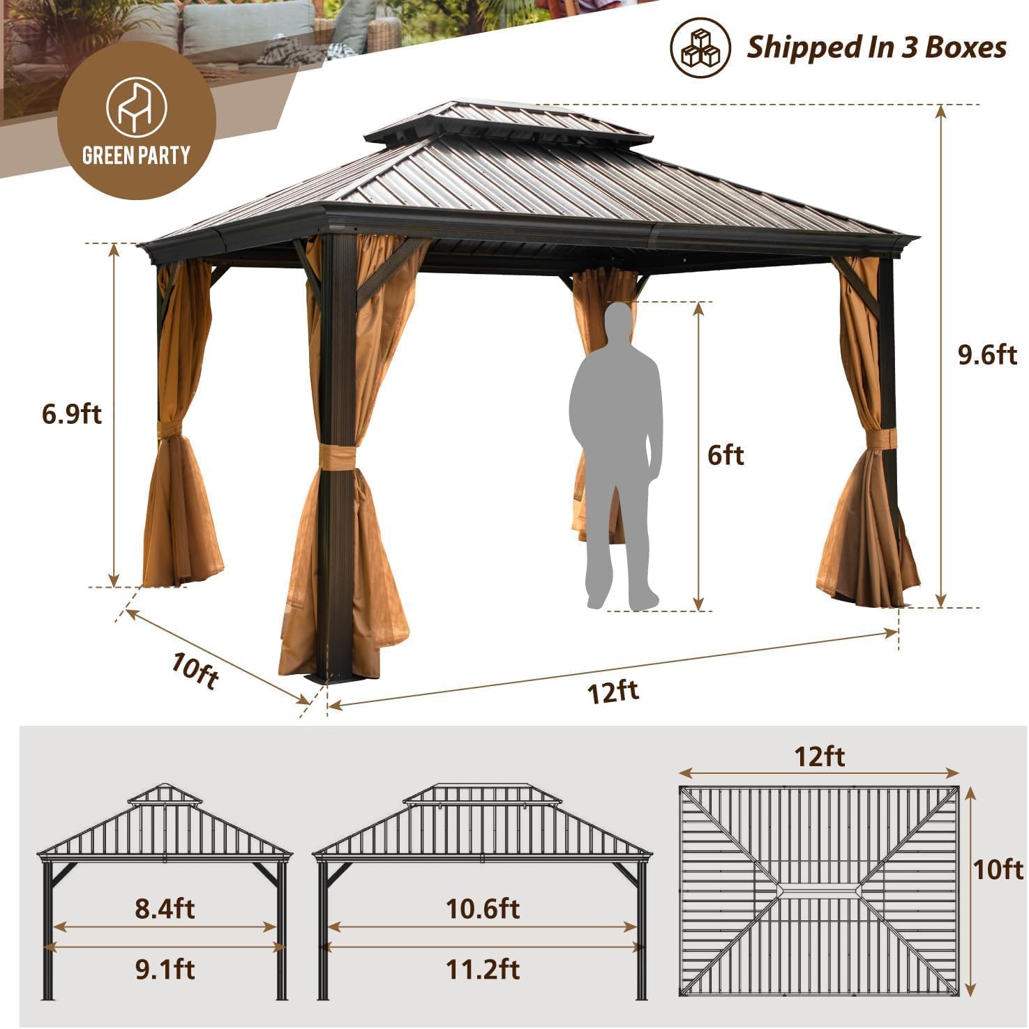 10 X 12ft Hardtop Gazebo with Nettings and Curtains, Heavy Duty Double Roof Galvanized Steel, Outdoor Aluminum Permanent Gazebos for Patios, Backyard, Deck, Garden, Lawns