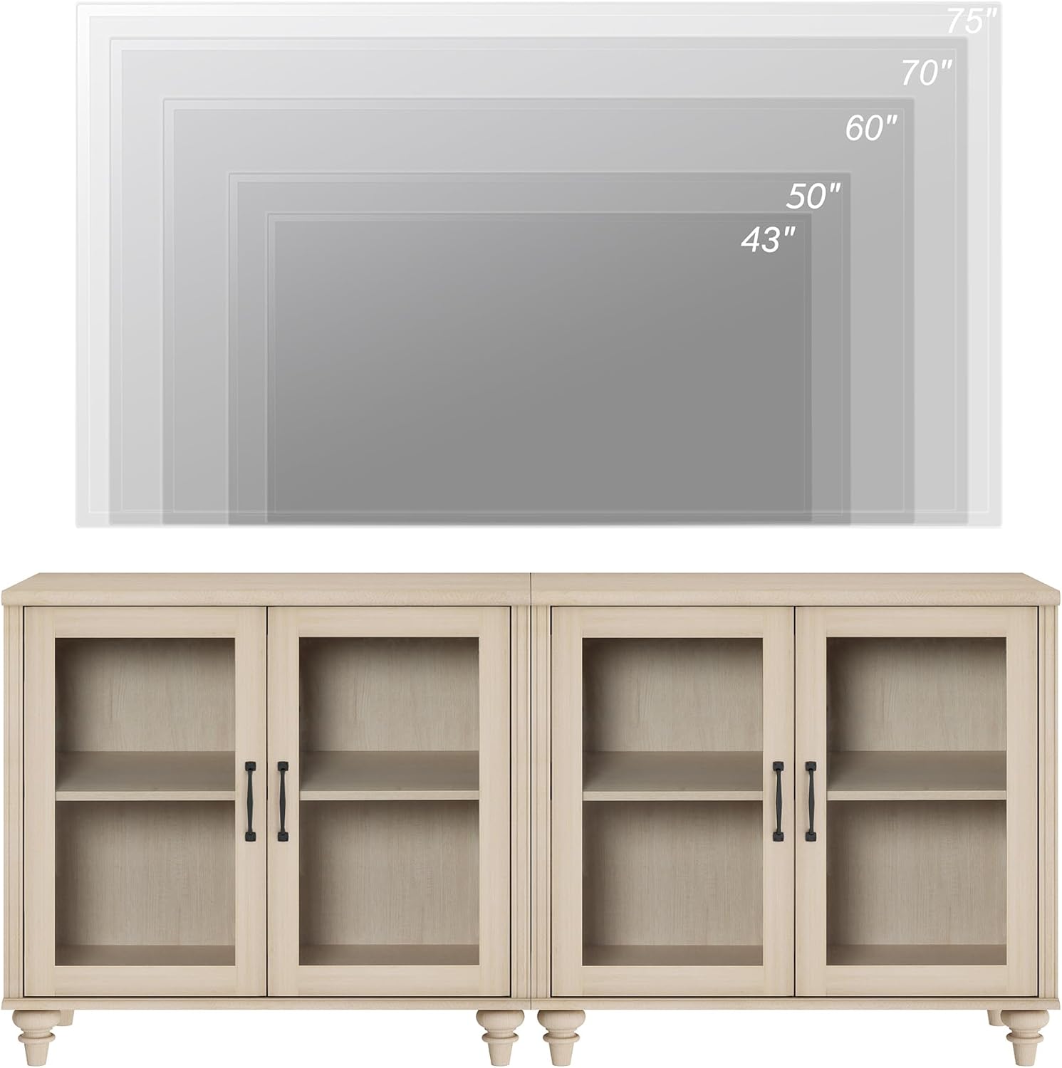 WAMPAT Farmhouse TV Stand for 75 inch TV with 4 Glass Doors, Wood Universal TV Stand with 4 Storage Cabinets, Beige Entertainment Center TV Console Table for Living Room, Bedroom