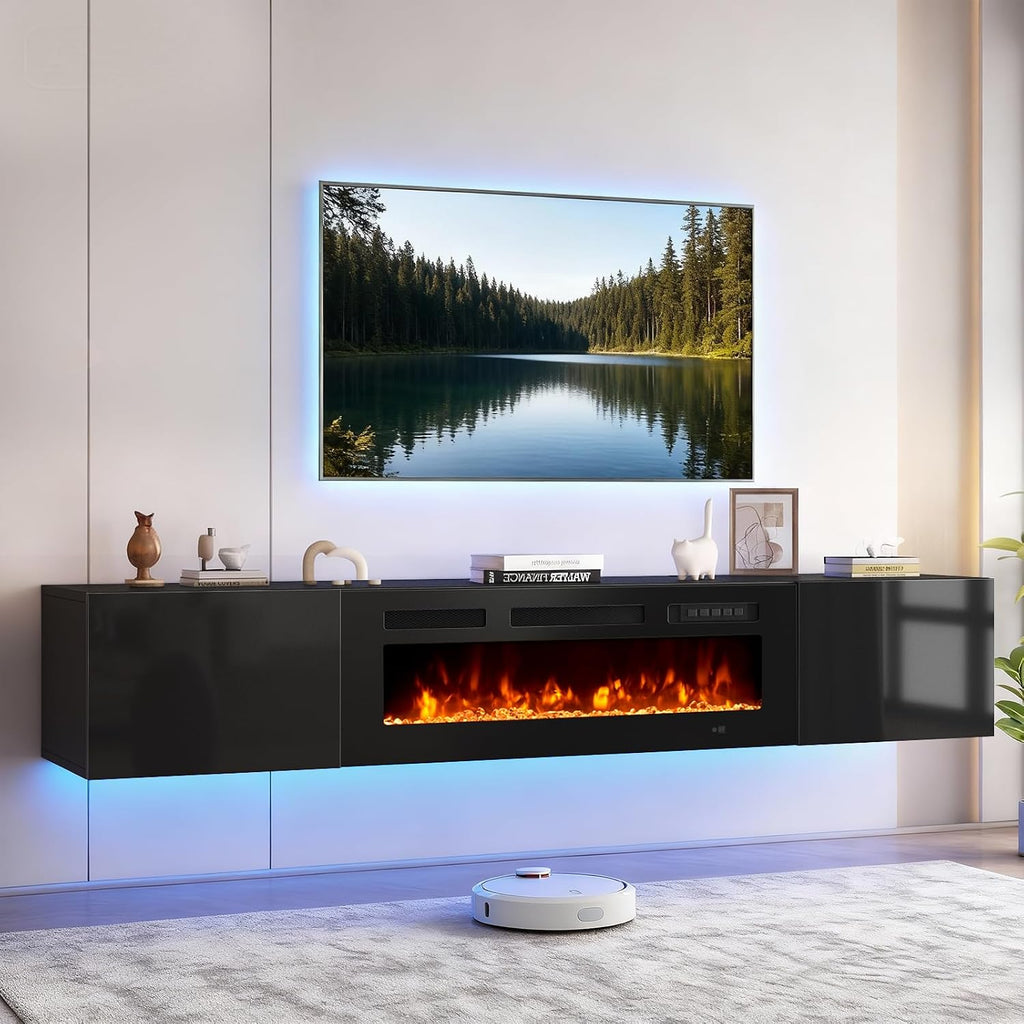 80'' Floating TV Stand with 40' Electric Fireplace, Wall Mounted Entertainment Center with Storage for TVs up to 90', Adjustable 12-Color LED Lights Media TV Console for Living Room
