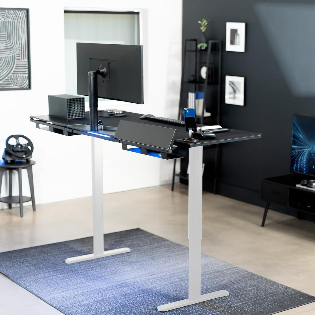 VIVO Electric 71 x 30 in Standing Adjustable Gaming Desk with Hidden Cable Trays, Full-Size Mouse Pad, Holds 220 lbs, Black Top White Frame, DESK-KIT-1W6-P3B-71