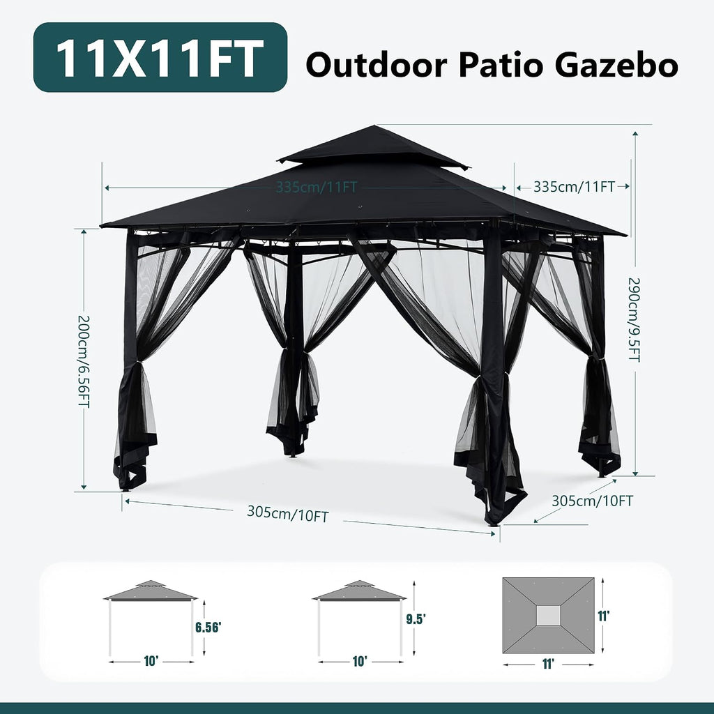 MASTERCANOPY Outdoor Garden Gazebo for Patios with Stable Steel Frame and Netting Walls (11x11,Black)