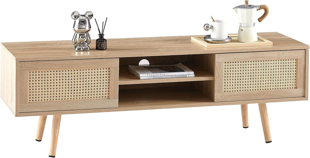 Rattan Weaving in Natural Wood Color TV Stand for TVs up to 55 Inch, TV Cabinet with Sliding Rattan Woven Door, Ideal for Living Rooms and Entertainment Centers