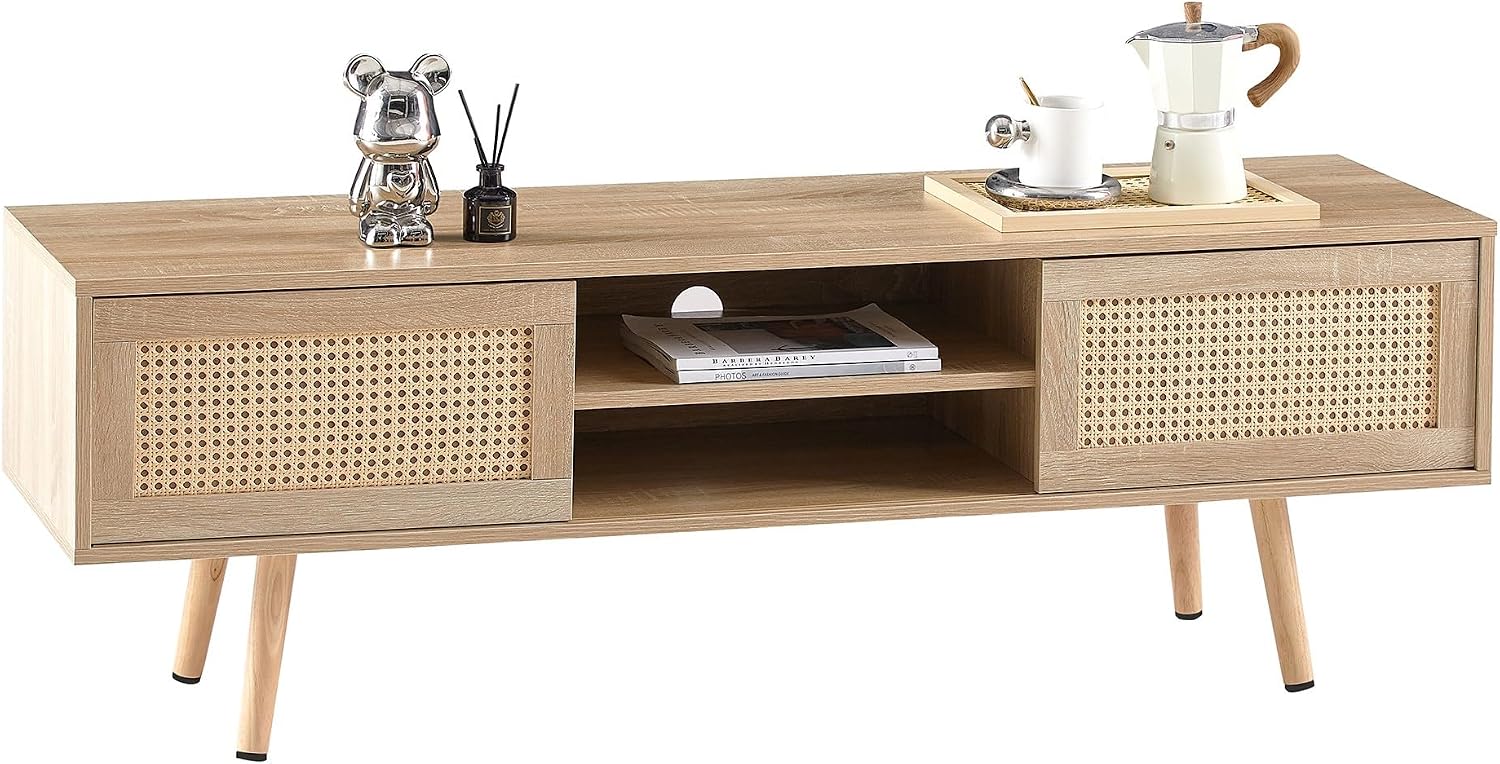 Rattan Weaving in Natural Wood Color TV Stand for TVs up to 55 Inch, TV Cabinet with Sliding Rattan Woven Door, Ideal for Living Rooms and Entertainment Centers