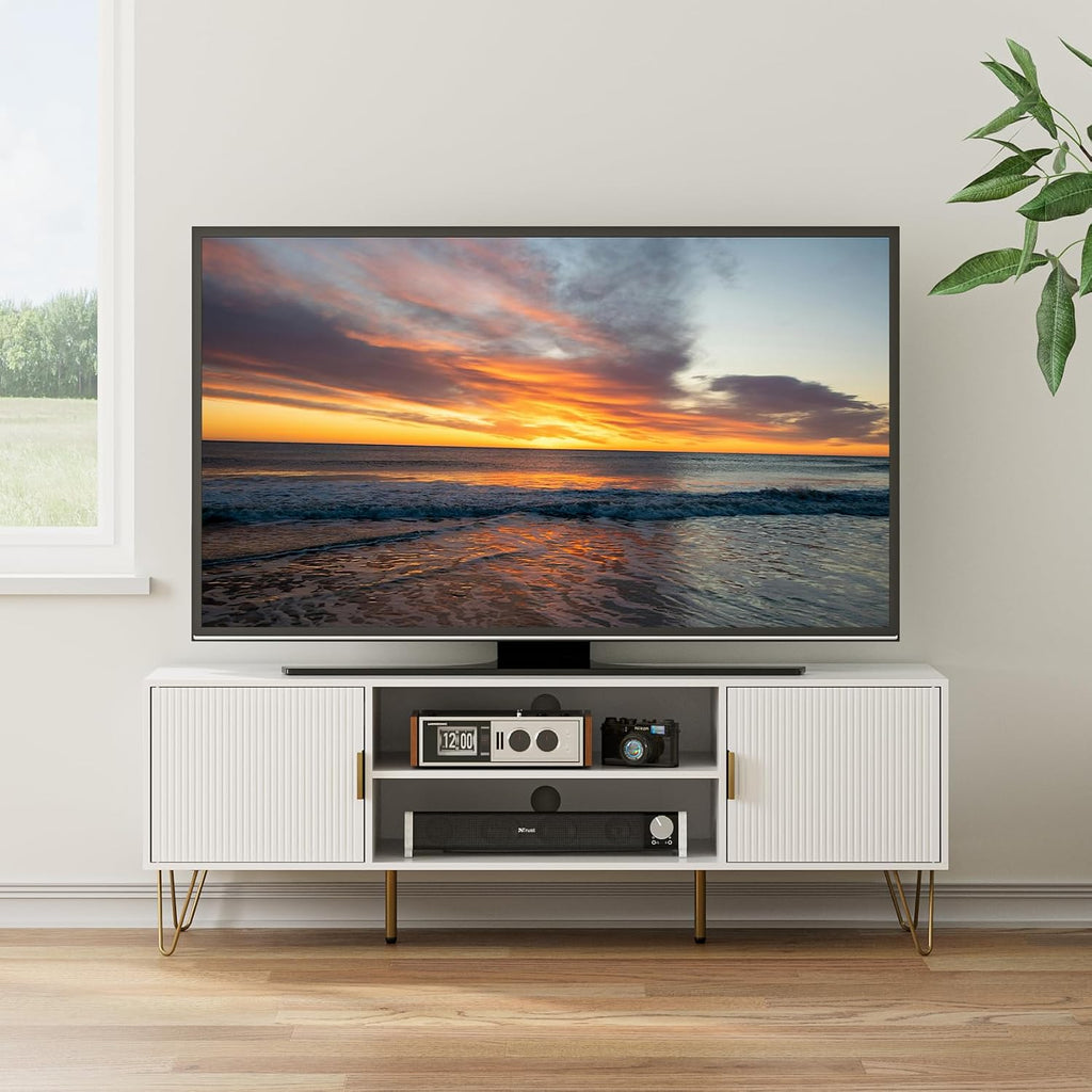 TV Stand for 55-65 Inch TV, Entertainment Center with Soft Hinge Door,TV Console Table with 2 Cabinets with Gold Handle and Feet,for Living Room, Bedroom, White