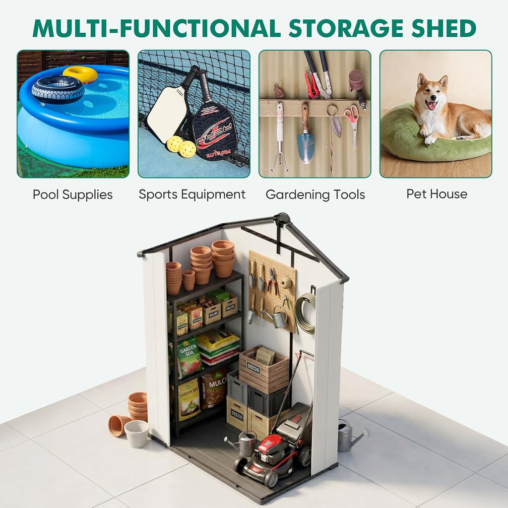 5x3 Outdoor Storage Shed with Floor, Heavy Duty Resin Tool Shed, Weather Resistant Garden Storage Building with Window, White/Gray
