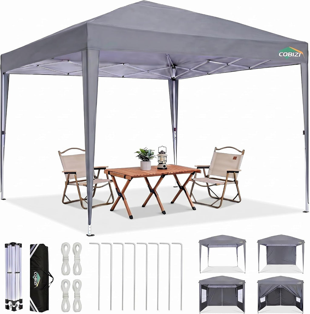 COBIZI 10x10 Pop up Canopy Tent, 10 by 10 Easy Setup Pop up Gazebo with 4 Sidewalls & Center Lock, Small Portable Instant Waterproof Outdoor Tent Canopy for Patio Backyard Vendor Event Sports, Gray