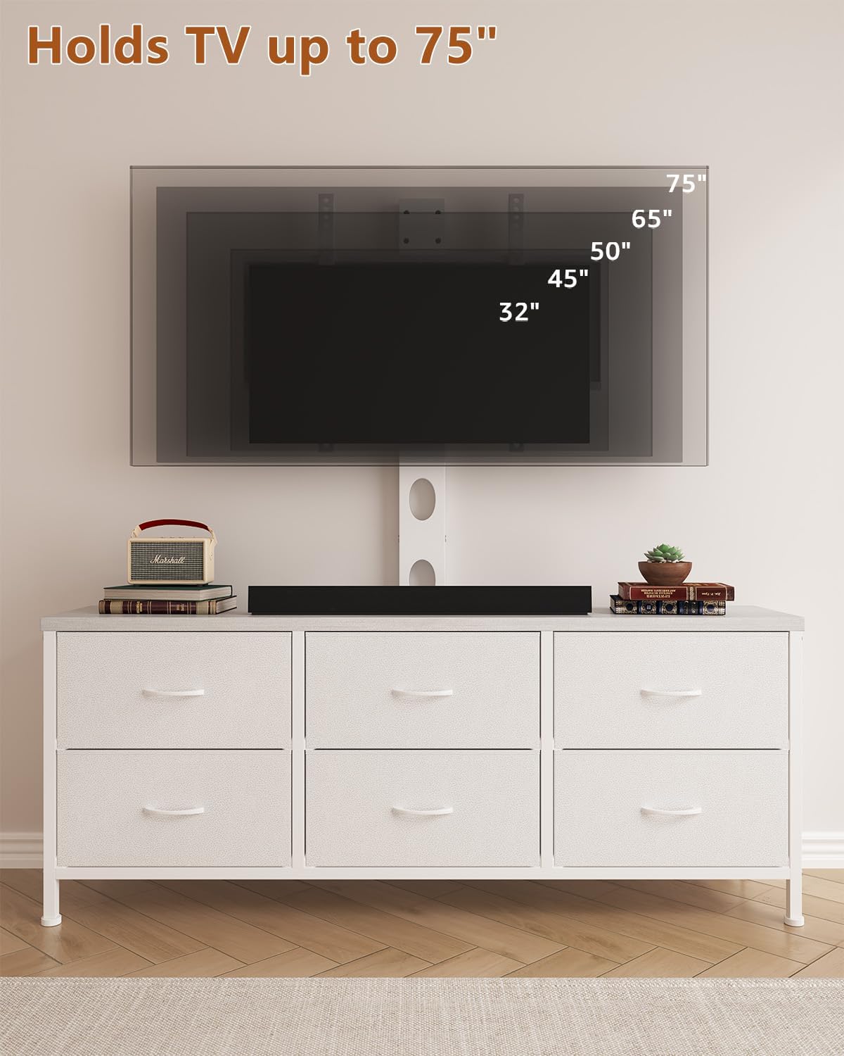 TV Stand with Mount, Fabric Dresser with 6 Drawers for 32/45/55/60/65/75 inch TVs, White Dresser Entertainment Center, Modern Media TV Console Table