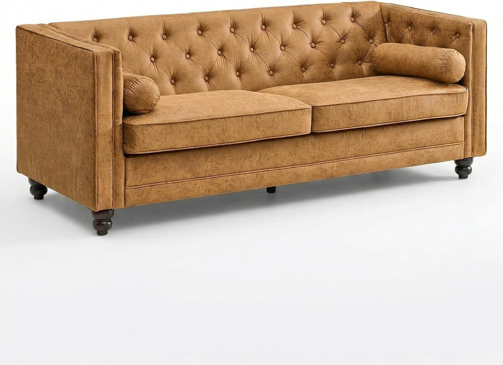 ONBRILL 79'' Faux Leather Couch for Living Room, Comfy Chesterfield Button-Tufted Sofa with 2 Bolster Pillows and Wood Legs, Mid-Century Modern Deep Seat Couch for Apartment, Office, Caramel