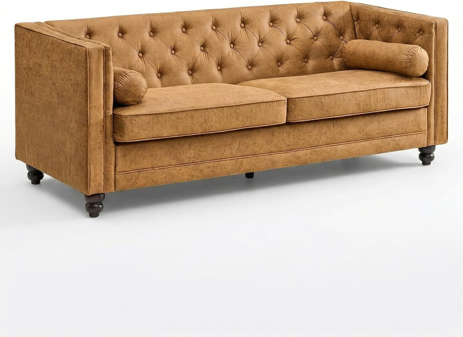 ONBRILL 79'' Faux Leather Couch for Living Room, Comfy Chesterfield Button-Tufted Sofa with 2 Bolster Pillows and Wood Legs, Mid-Century Modern Deep Seat Couch for Apartment, Office, Caramel