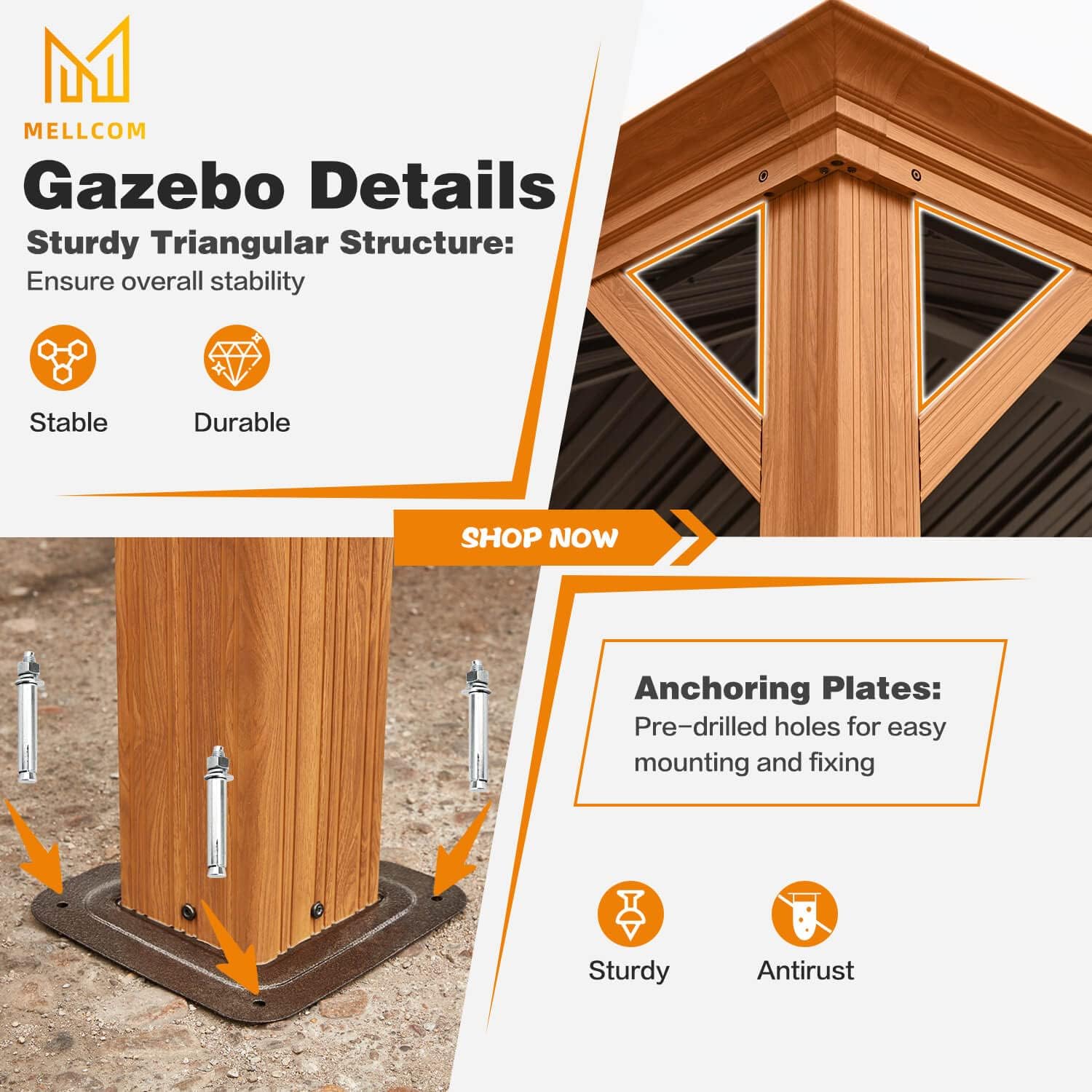 MELLCOM 12'x16' Gazebo, Wood Looking Gazebo with Aluminum Frame and Single Galvanized Steel Roof, Outdoor Permanent Metal Pavilion with Curtains and Nettings for Deck, Backyard and Patio