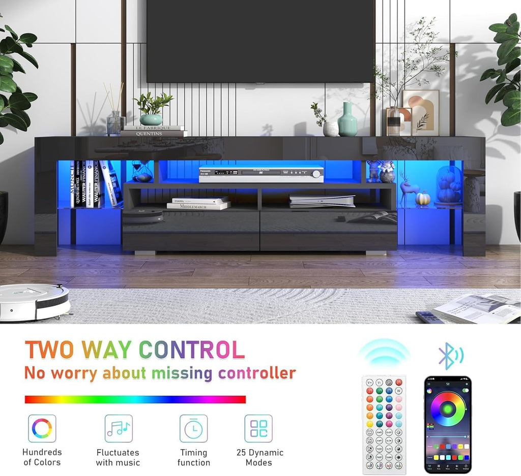Vinctik 6&Fox 70in LED TV Stand for 75/80/85 inch TV,Modern Black TV Stands for Living Room,High Gloss TV Entertainment Center with 2 Large Storage Drawer,APP RGB Light,TV Console(71in Black)