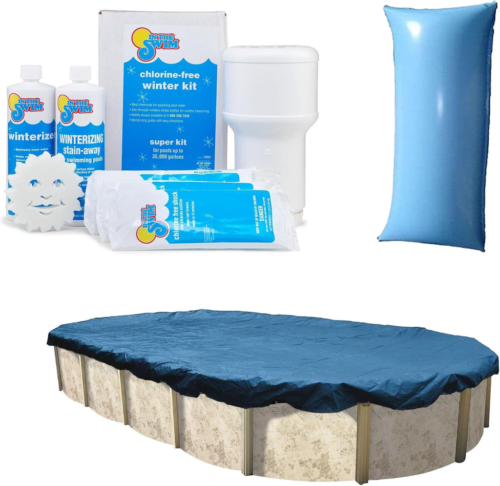 In The Swim Swimming Pool Winterization Bundle: Includes a 15'x30' Oval Economy Swimming Pool Winter Cover, 15k Gallon Pool Winter Closing Kit, and 4.5'x15' Air Pillow