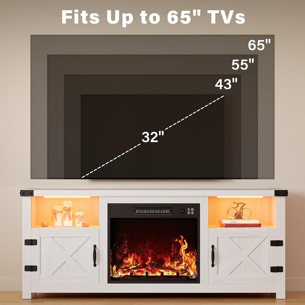 YESHOMY LED Fireplace TV Stand with Mood Lighting, TV Cabinet with Open Shelf, Farmhouse Media Console with Hidden Cable Routing, Entertainment Center for Televisions up to 65+ Inch, White