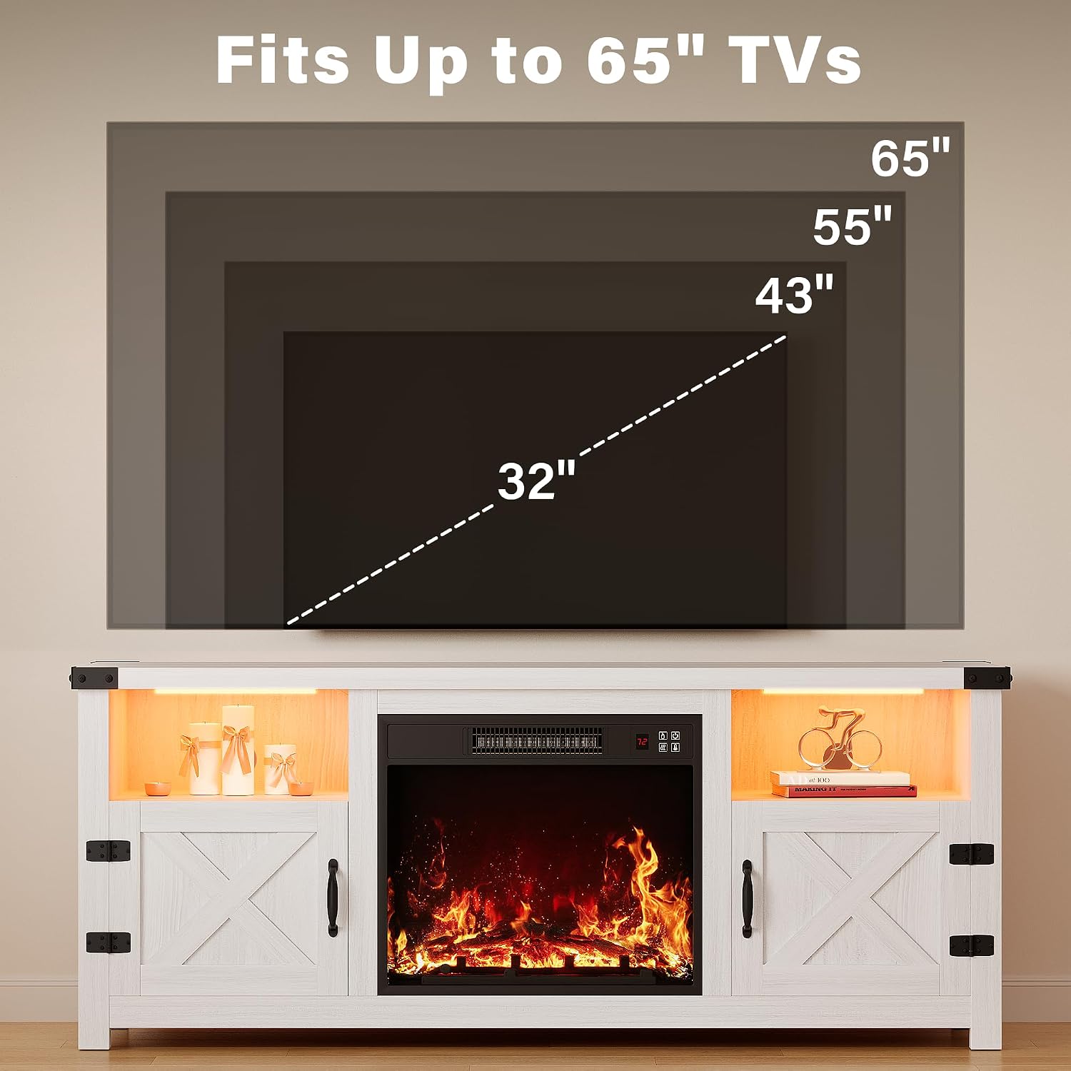 YESHOMY LED Fireplace TV Stand with Mood Lighting, TV Cabinet with Open Shelf, Farmhouse Media Console with Hidden Cable Routing, Entertainment Center for Televisions up to 65+ Inch, White