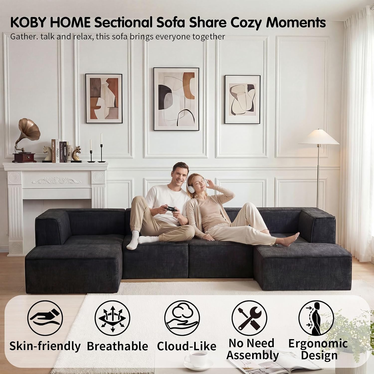 136' 6-Piece Sectional Sofa Modular Couches,L-U-Shaped with Chaise,for Living Room,Compressed Foam No Assembly,for Living Room (2xArmless Corner Ottoman) Fabric Chenille Dark Grey