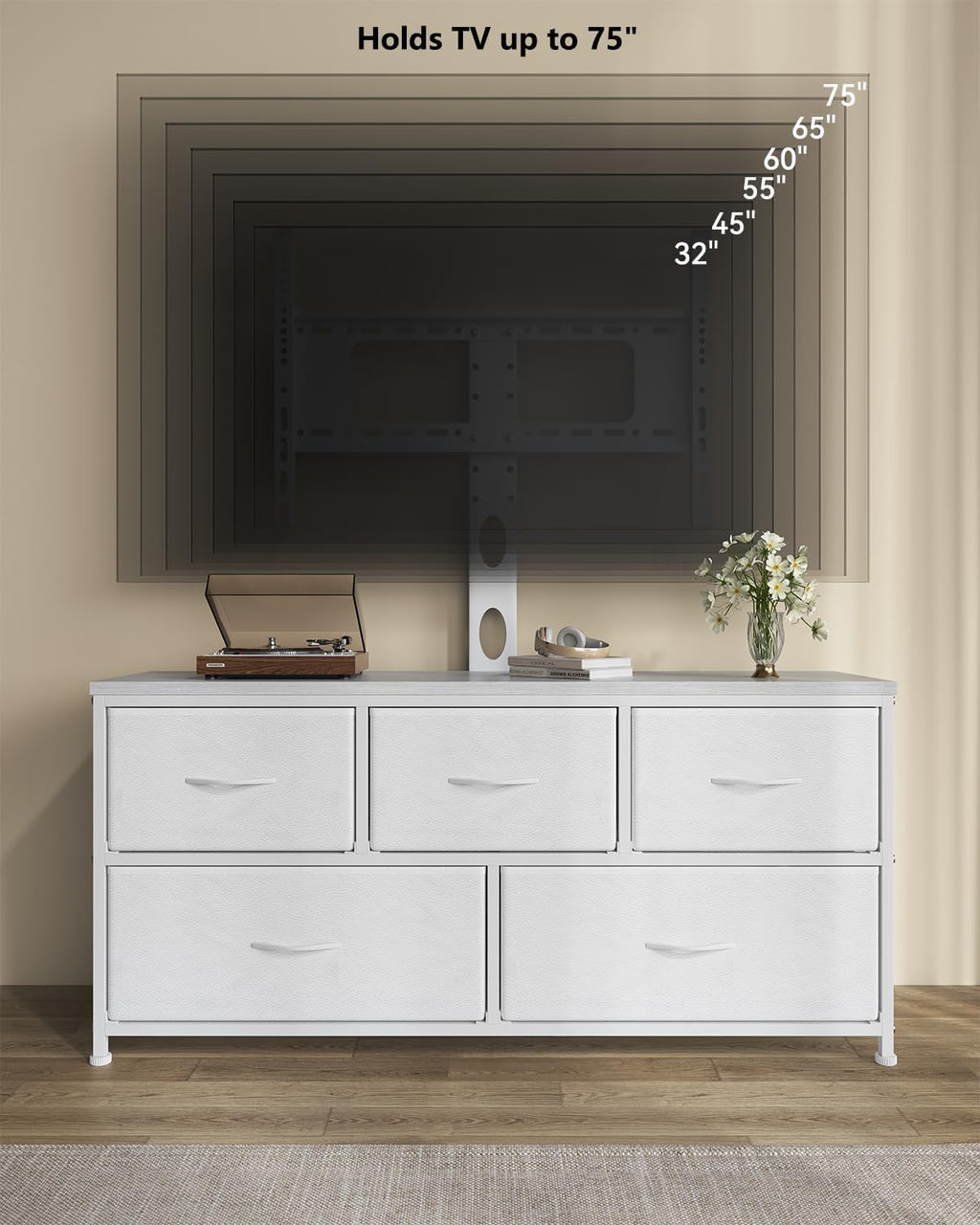 TV Stand with Mount, Fabric Dresser with 5 Drawers for 32/45/55/60/65/75 inch TVs, White Dresser Entertainment Center, Modern Media TV Console Table