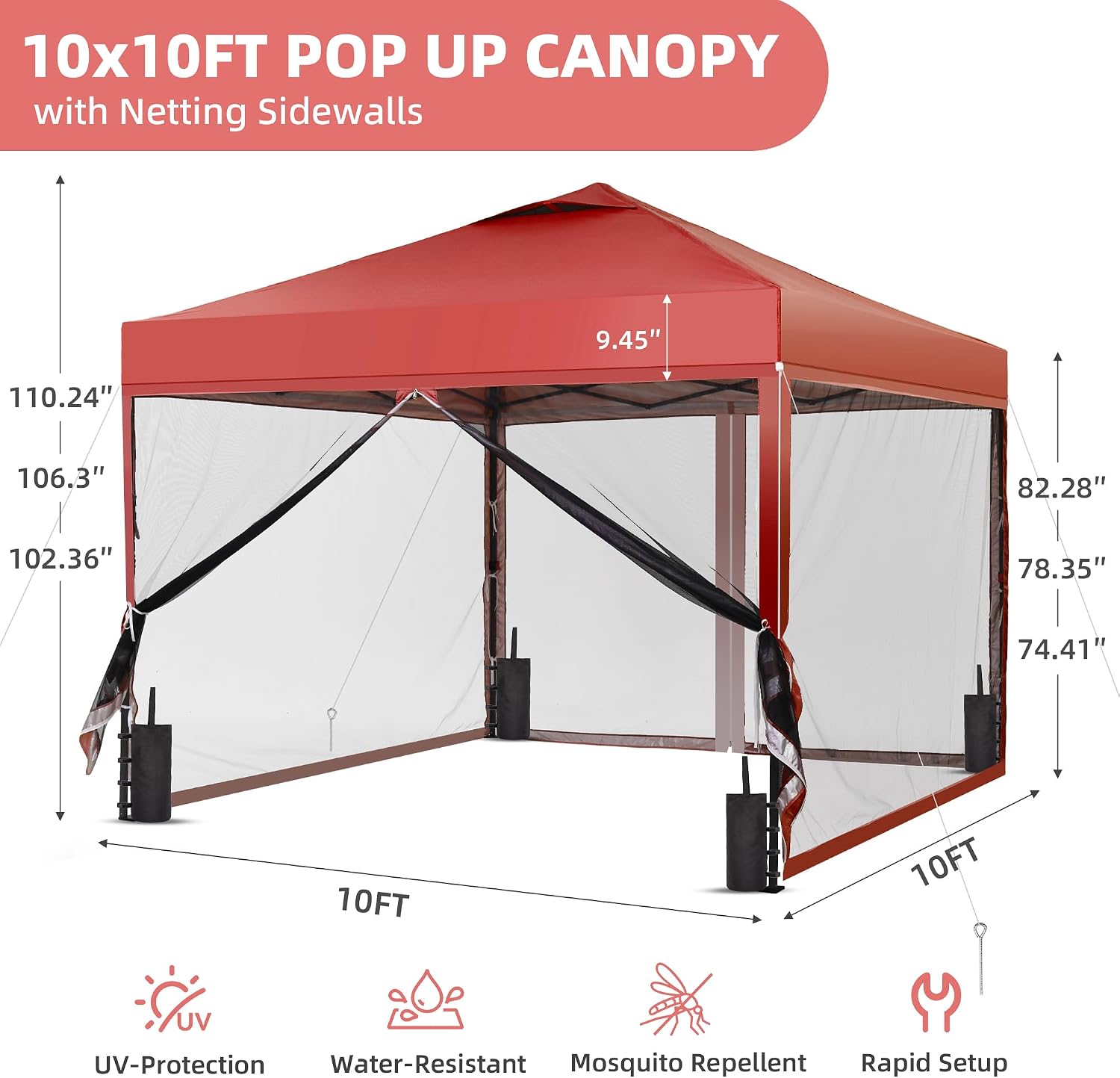 GDY 10x10 Pop up Canopy Tent with Mosquito Netting, Easy up Gazebo for Patio, Camping and Garden, Includes 4 Sandbags, Red