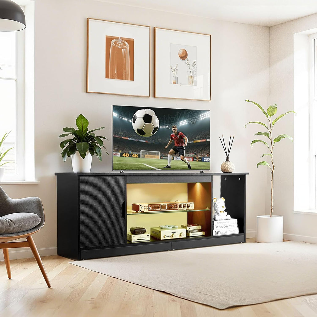 VEVOR Modern TV Stand for 65 inch TVs, LED Entertainment Center with Storage Cabinet for PS5 Xbox Gaming Media Console Table with Adjustable Glass Shelf, Wood TV Cabinet for Living Room Bedroom, Black