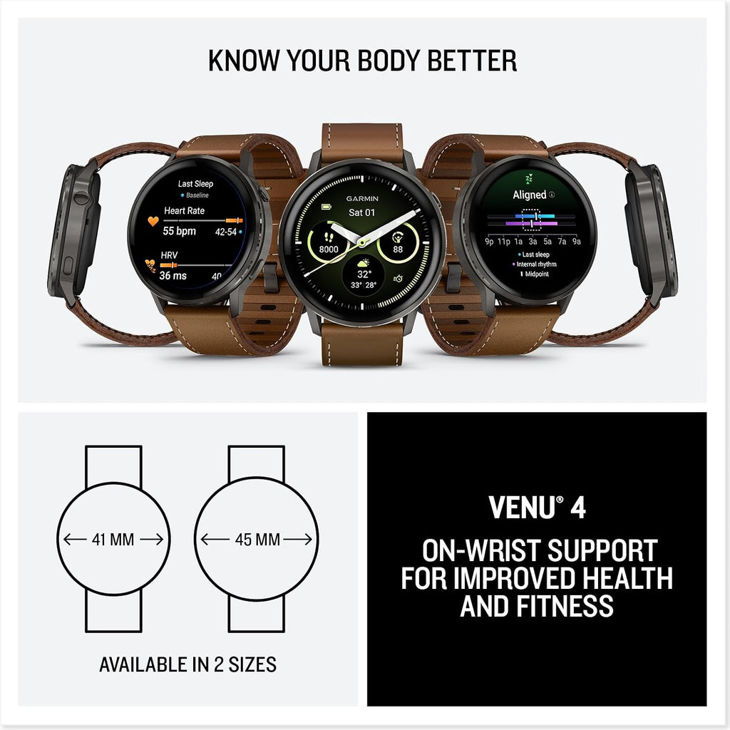 Garmin Venu 4, 45mm, Advanced Fitness Tracker GPS Smartwatch, 1.4' AMOLED Display, Built-in Flashlight, 12 Days of Battery Life, Slate with Brown Leather Band (Watch Bundle)
