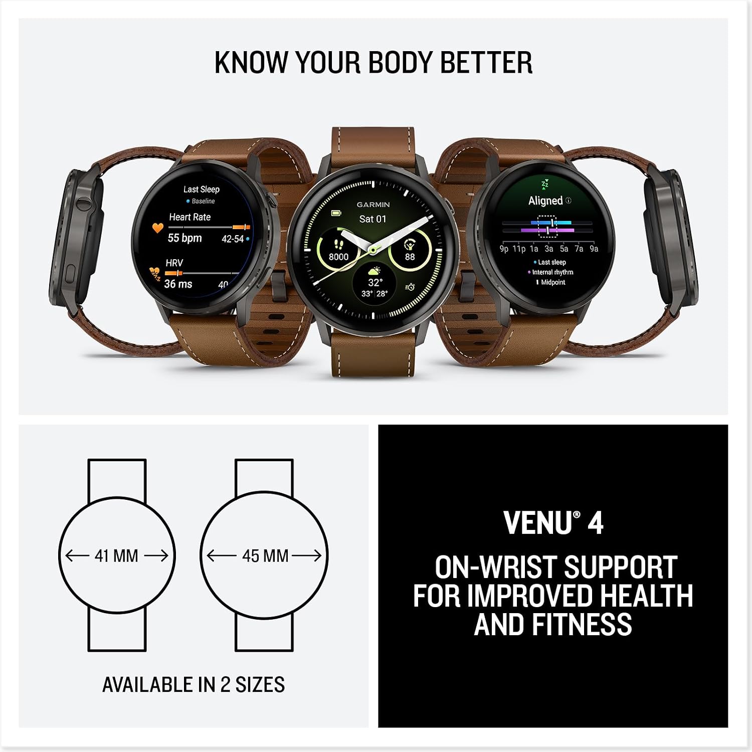 Garmin Venu 4, 45mm, Advanced Fitness Tracker GPS Smartwatch, 1.4' AMOLED Display, Built-in Flashlight, 12 Days of Battery Life, Slate with Brown Leather Band (Watch Bundle)