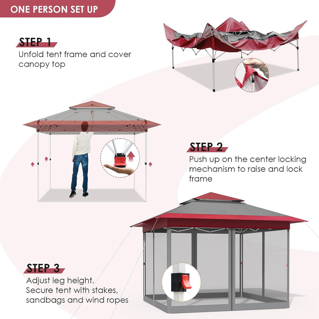 MAMIZO 13ft Pop Up Gazebo, Outdoor Instant Canopy Tent w/4 Netting Sidewall & Auto Extending Eave, Patio Gazebos Shelter w/Mesh Wall, Center Lock, Wheeled Bag for Garden, Yard (Red, 13X13FT)