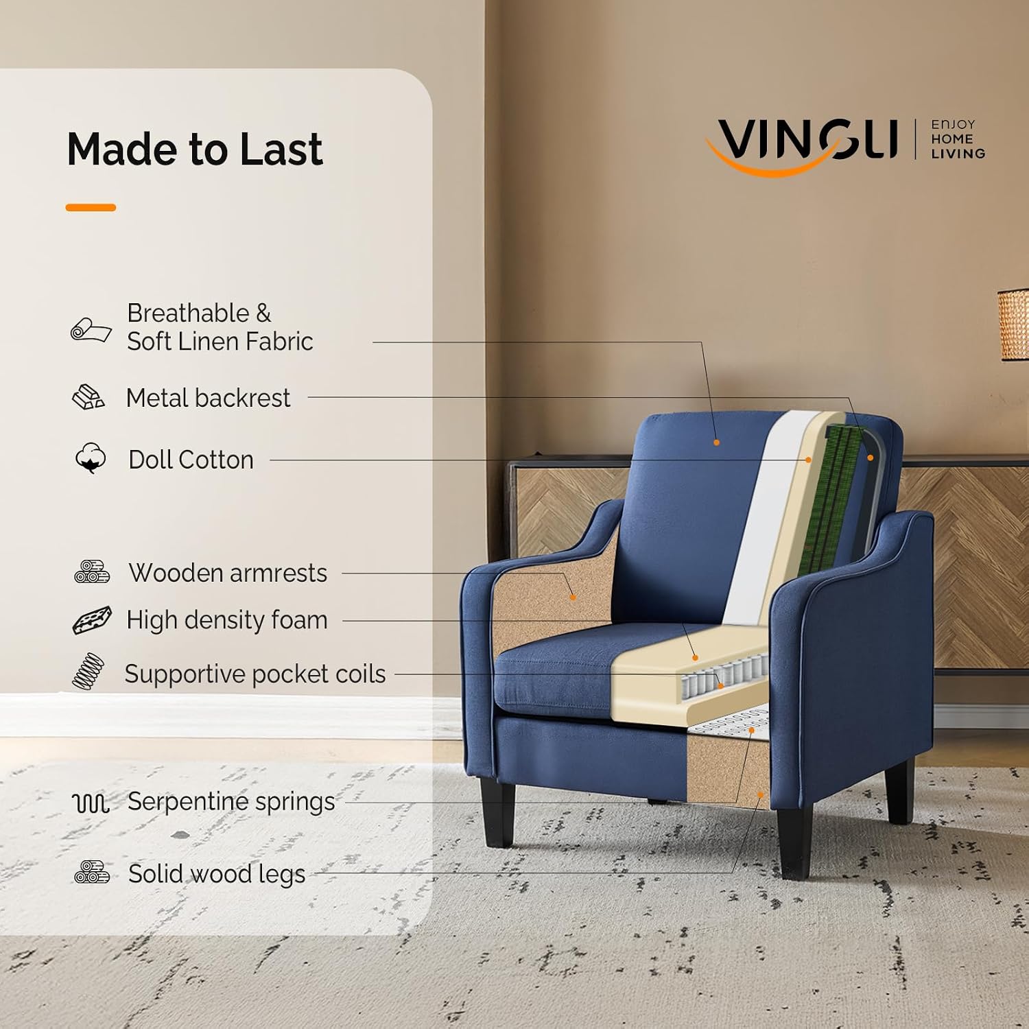 VINGLI Mid century Modern Accent Chair,Navy Blue Fabric Accent Chairs for Living Room Upholstered Armchair with Scooped Arms for Bedroom,Apartment,Studio,Office,Waiting Room