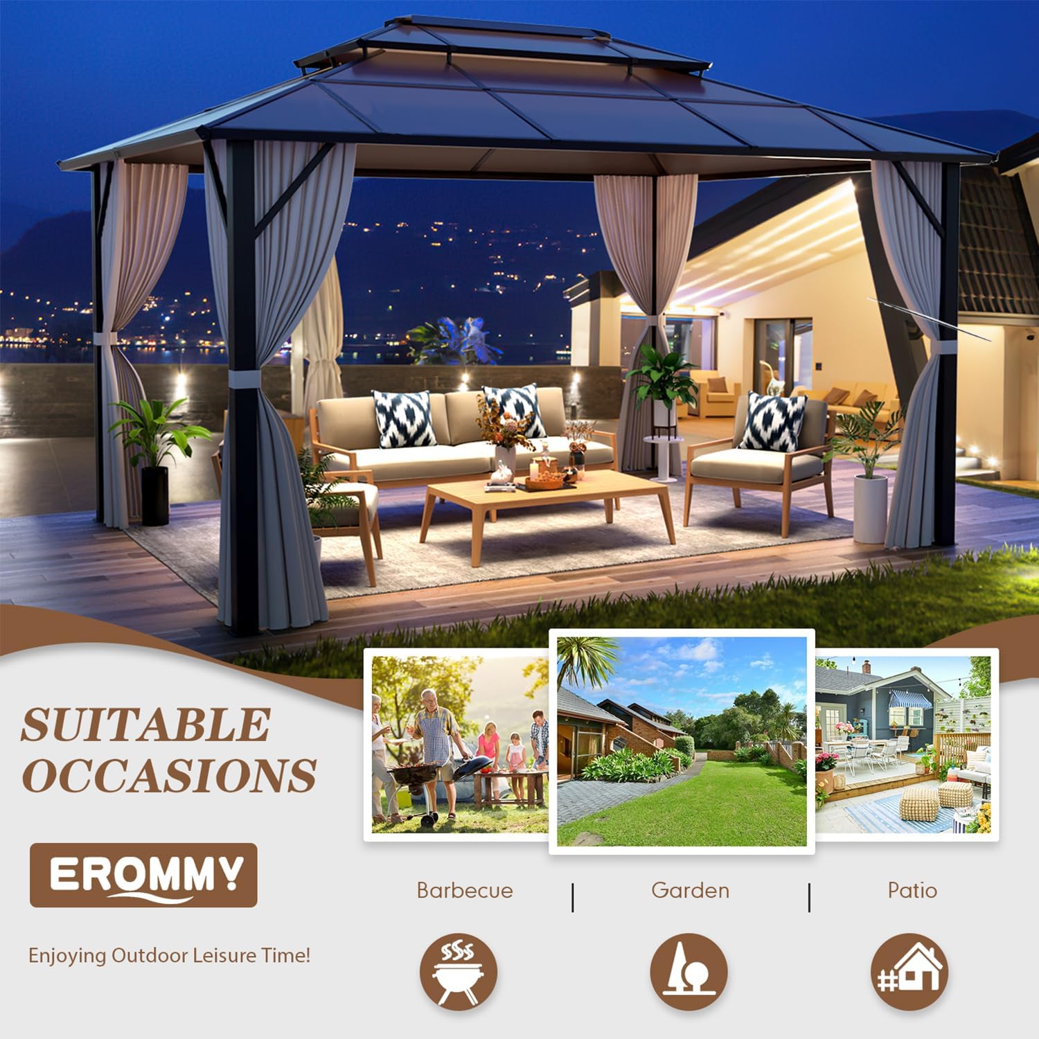 EROMMY 10'x13' Gazebo Polycarbonate Double Roof Canopy Outdoor Aluminum Frame Pergolas with Netting and Curtains for Garden Patio Lawns Parties