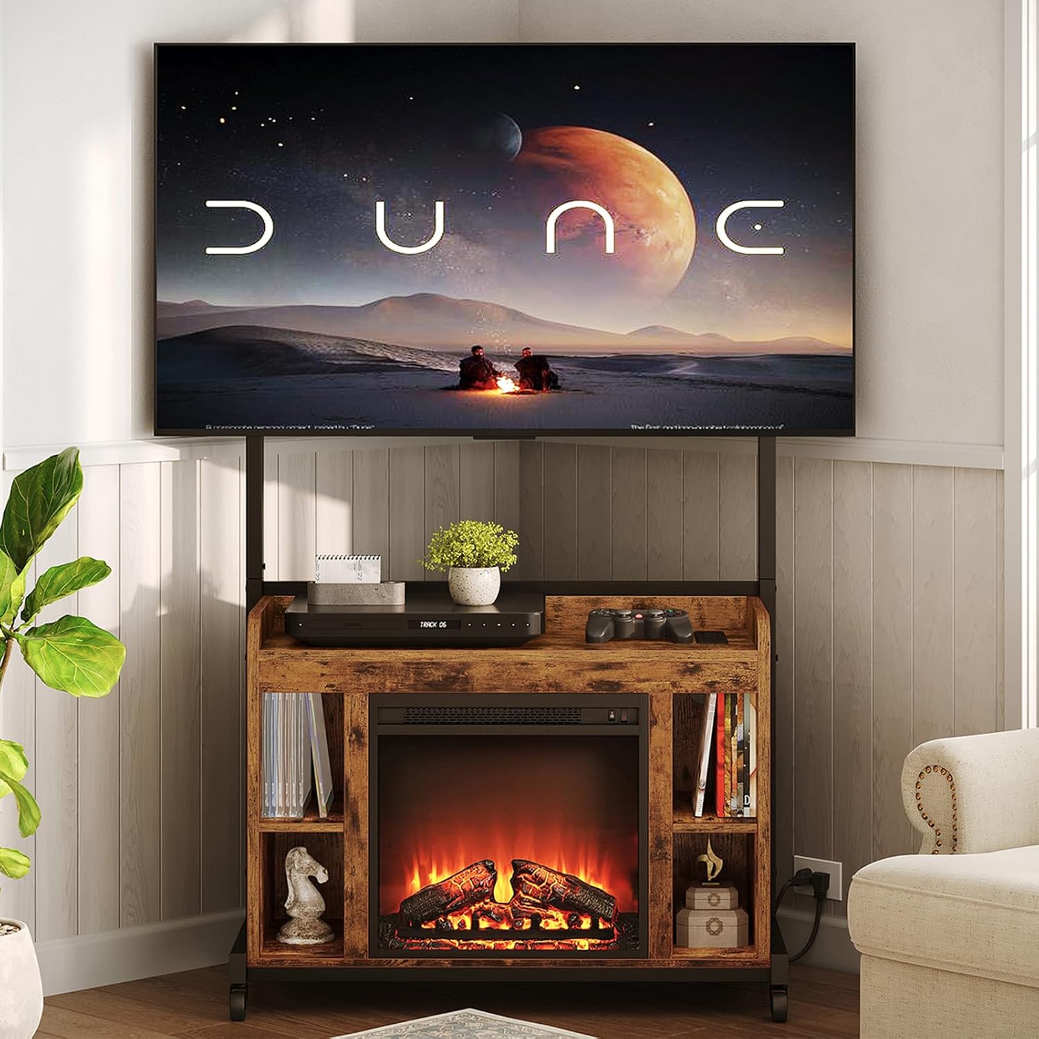 RALGEND Fireplace TV Stand with Mount for 55/60/65/75 inch TVs, Corner Entertainment Center with Power Outlet and 18' Electric Fireplace, Height Adjustable TV Console for Living Room, Rustic and Black