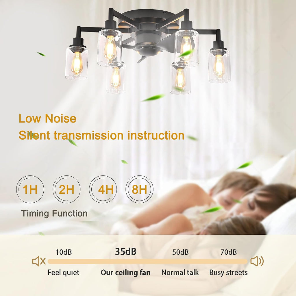 Garwarm 26.4' Ceiling Fans with Lights, Black Flush Mount Ceiling Fan with Lights Remote Control,Low Profile Bladeless Ceiling Fan Light Fixture for Bedroom, Kitchen, Dining Room