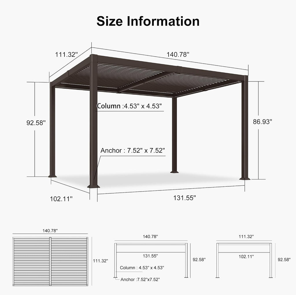 PURPLE LEAF 10' x 12' Outdoor Louvered Pergola Aluminum Pergola with Adjustable Roof for Camping Outdoor Patio Deck Garden Hardtop Gazebo Bronze