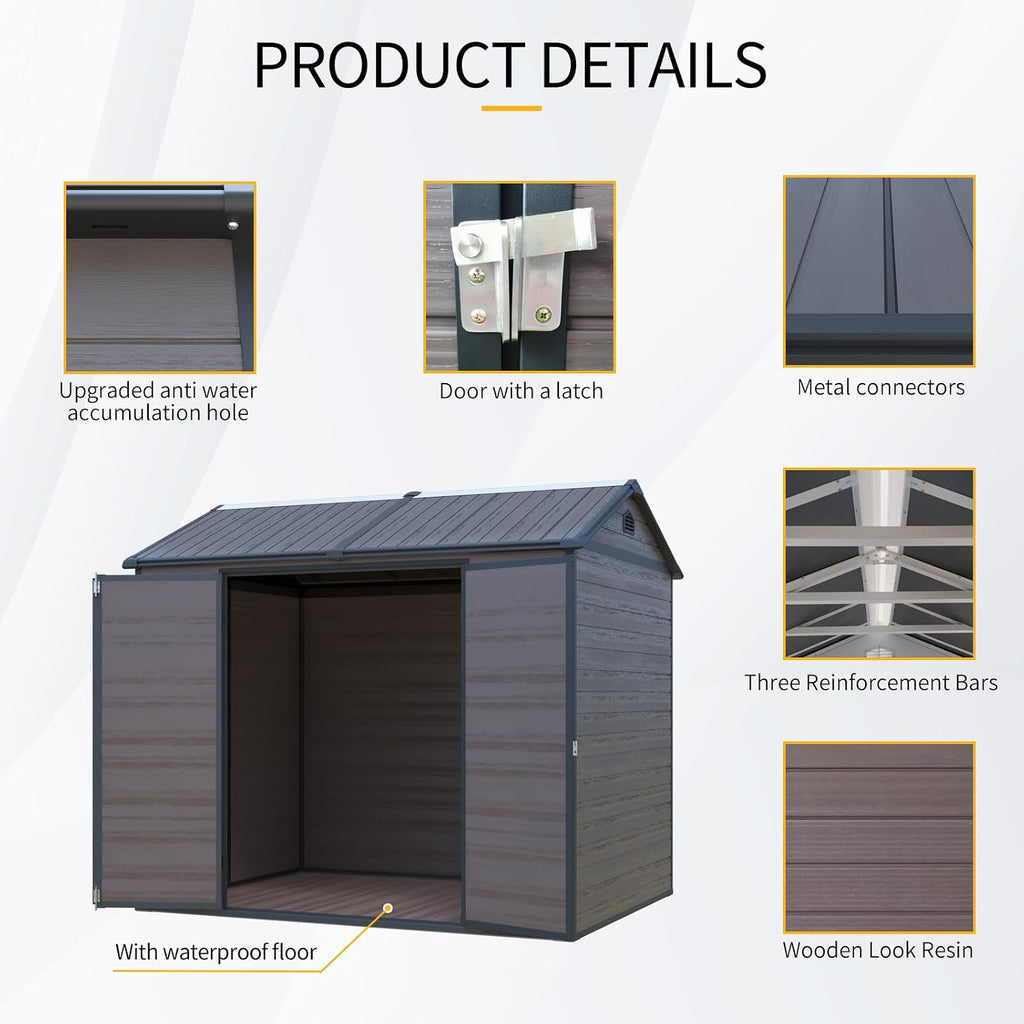 8x6 ft Outdoor Resin Storage Shed with Floor, Waterproof Plastic Garden Shed with Lockable Door and Two Windows, All-Weather Tool Sheds for Backyard, Patio, Lawn (Brown)