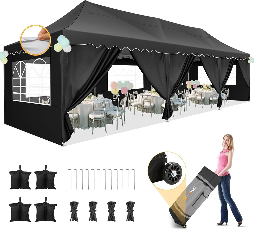 HOTEEL 10x30 Pop Up Canopy with 8 Sidewalls, UV 50+ and Waterproof 10×30 Party Tent, Thickened Frame, Large Space Easy Pop Up Canopy, Outdoor Canopy for Weddings, Beaches, Parties, Patio (Black)