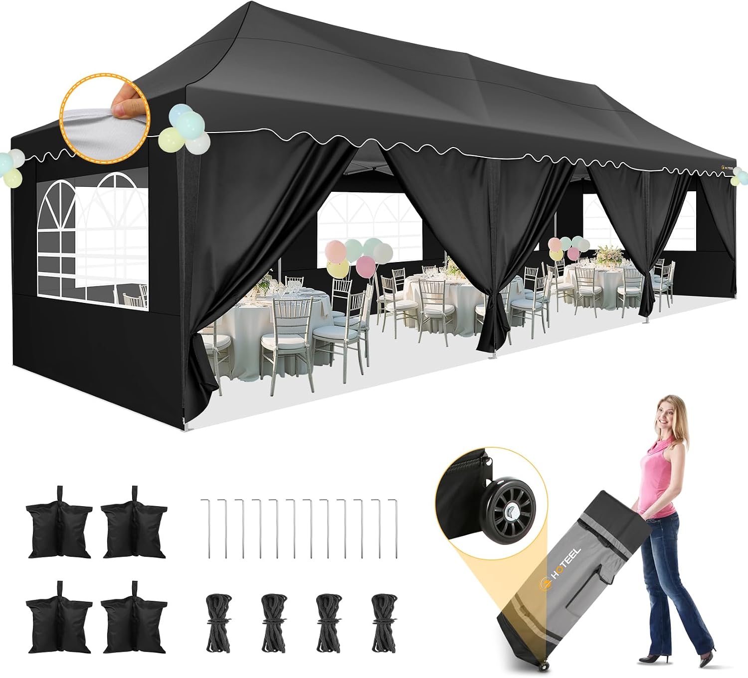 HOTEEL 10x30 Pop Up Canopy with 8 Sidewalls, UV 50+ and Waterproof 10×30 Party Tent, Thickened Frame, Large Space Easy Pop Up Canopy, Outdoor Canopy for Weddings, Beaches, Parties, Patio (Black)