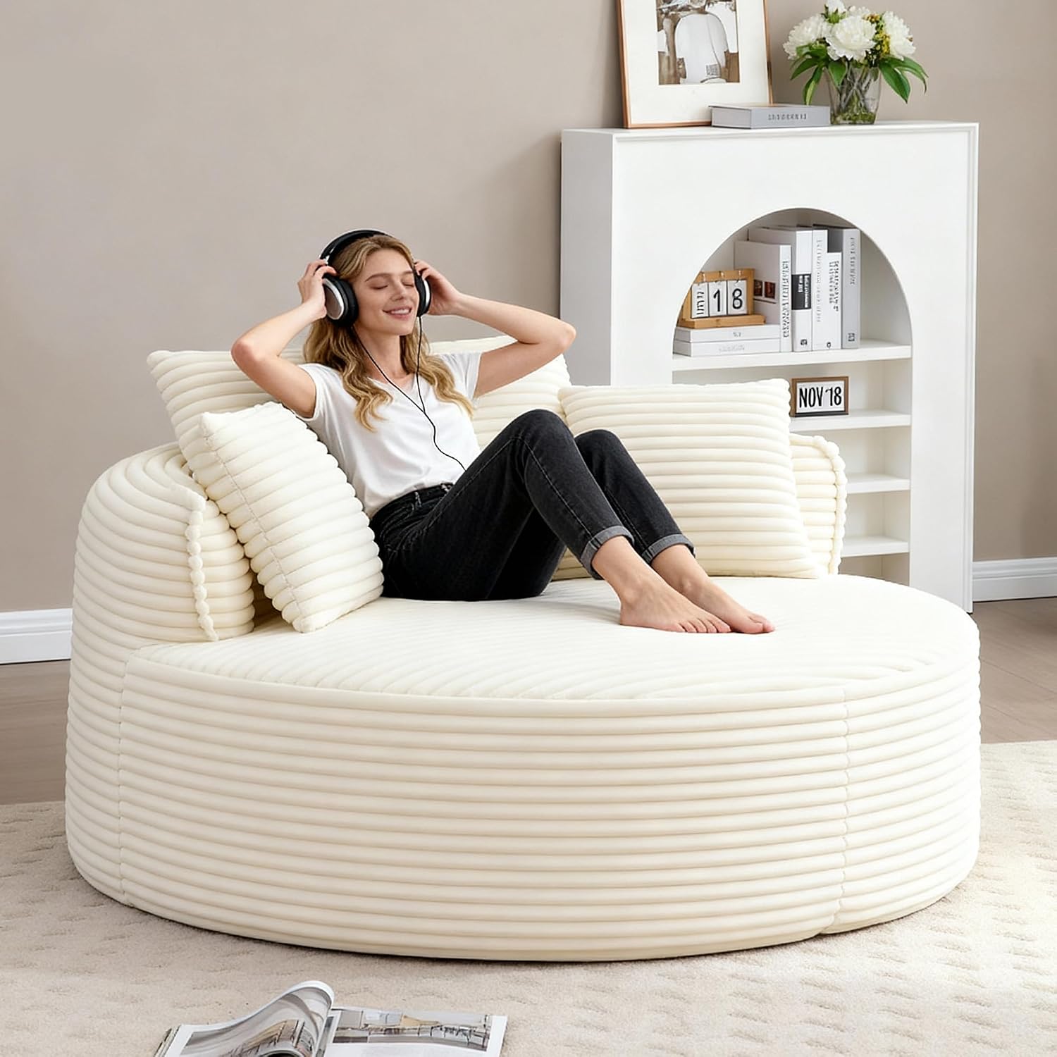 Oversized Round Chair Lounge Chaise Indoor, 53.5' Upholstered Corduroy Deep Seat Single Cloud Sofa Chair, Fluffy Modern Large Circle Boneless Sleeper Sofa for Living Room, Bedroom, Beige White