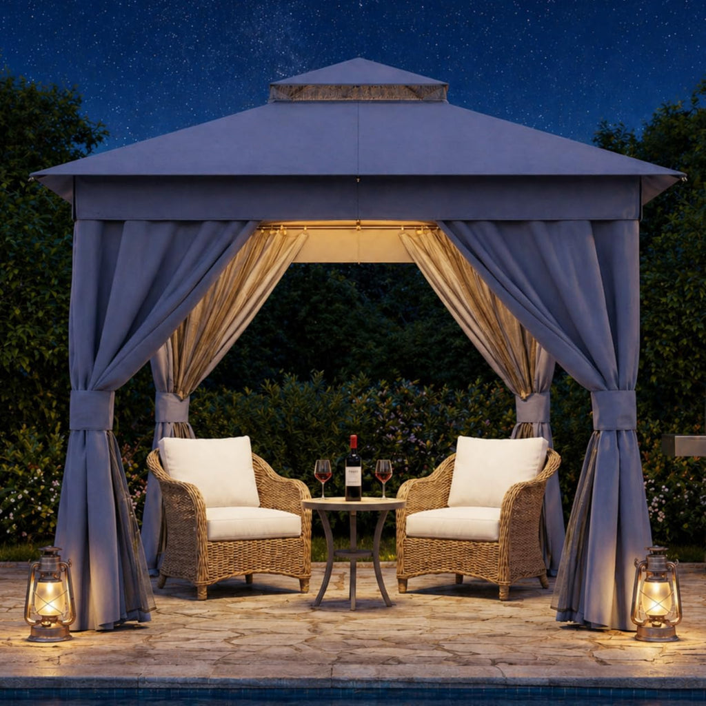 LAUSAINT HOME 8'x8' Outdoor Patio Gazebo, Heavy Duty Party Tent & Shelter with Double Roofs, Mosquito Nettings and Privacy Screens for Backyard, Garden, Deck (Navy Blue)