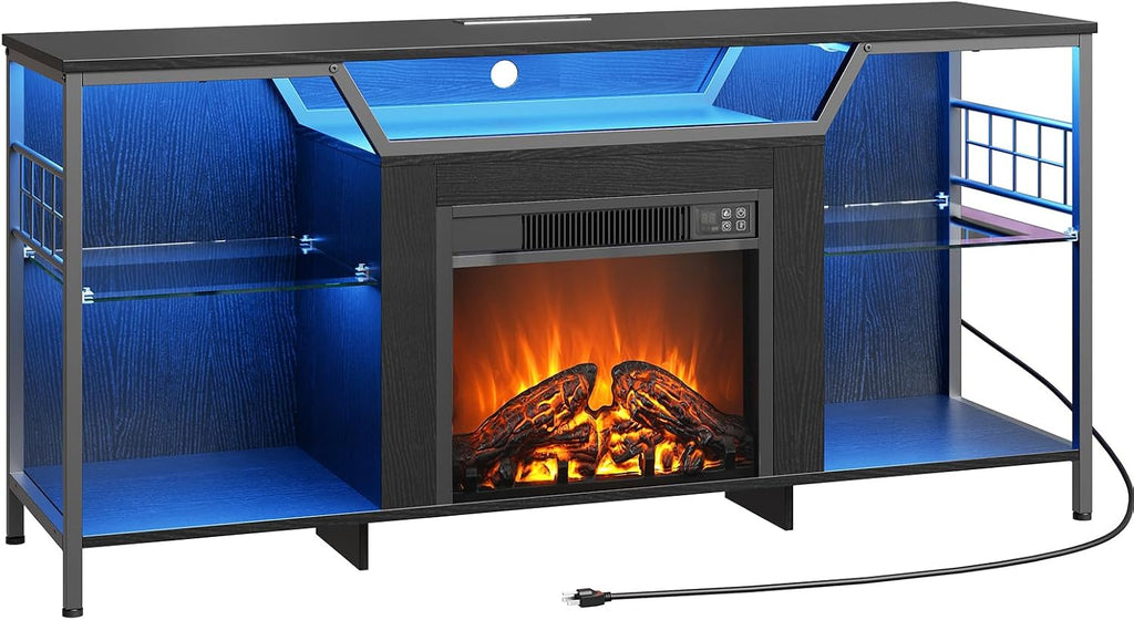 HOOBRO Fireplace TV Stand with LED Lights for TVs up to 65 Inch, Electric TV Stand with Fireplace with Charging Station, Entertainment Center with 18' Fireplace, Media TV Console, Black BB147UDDS01