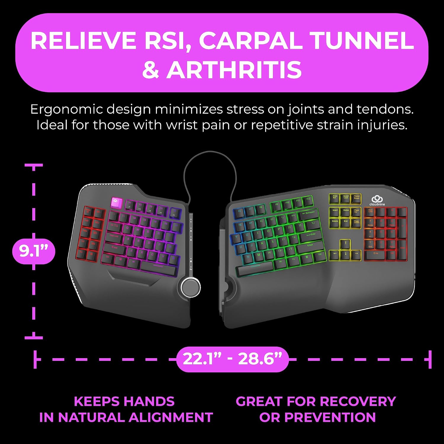 Cloud Nine C989 Ergonomic Mechanical Keyboard for PC - Kailh Linear Red Switches - RGB Light Up LED Backlit with USB - Ergo Split Key Board with Macro
