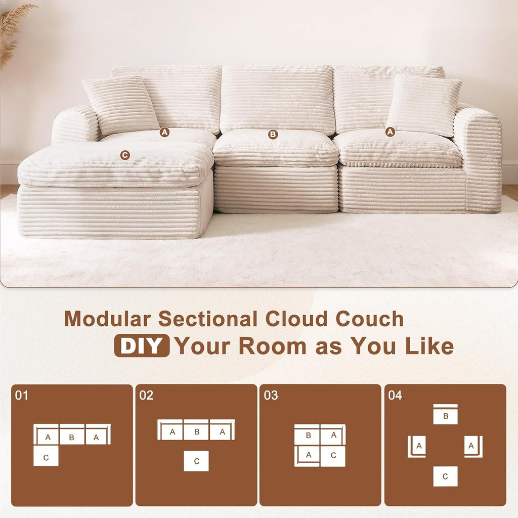 108' Modular Sectional Sofa Couches L Shaped Couch 3 Seater Cloud Sofa Memory Foam Sectional Couches for Living Room, Boneless Couch with Ottoman, Corduroy, Beige