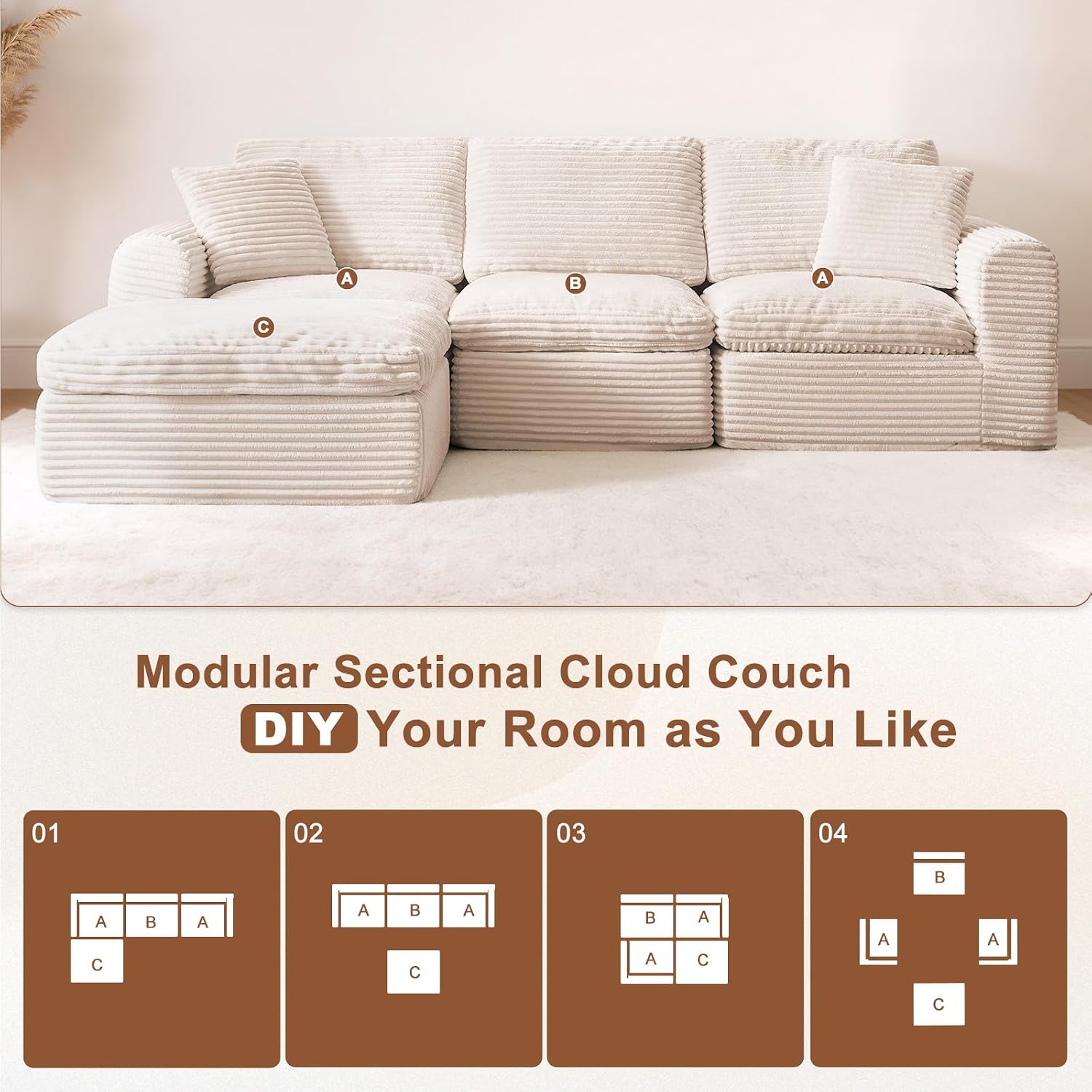 108' Modular Sectional Sofa Couches L Shaped Couch 3 Seater Cloud Sofa Memory Foam Sectional Couches for Living Room, Boneless Couch with Ottoman, Corduroy, Beige