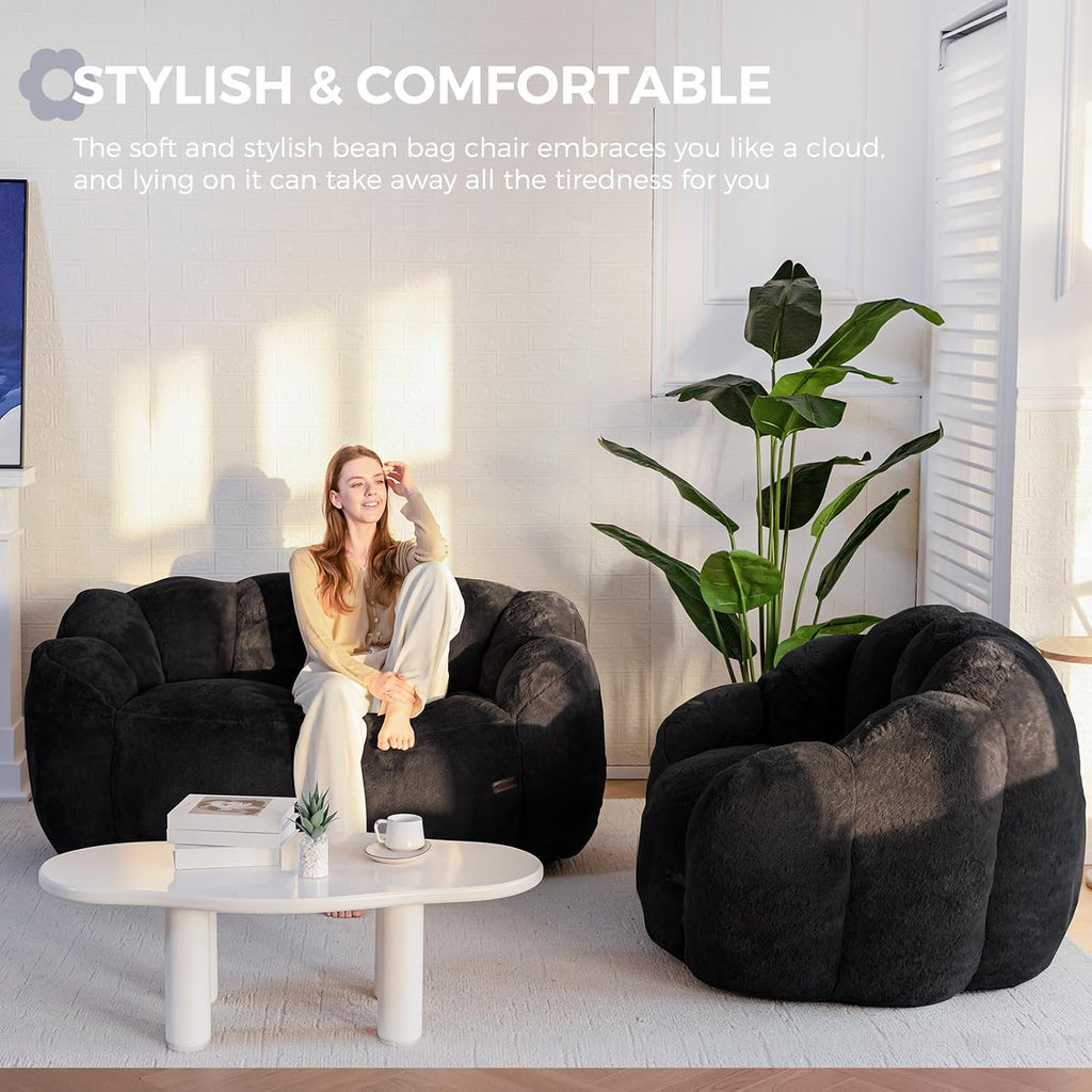 MAXYOYO Bean Bag Chair for Adults, Floral Shaped Bean Bag Sofa, Ultra Soft Faux Fur Floor Sofa, Large Reading Chair for Living Room Bedroom, Black, Single