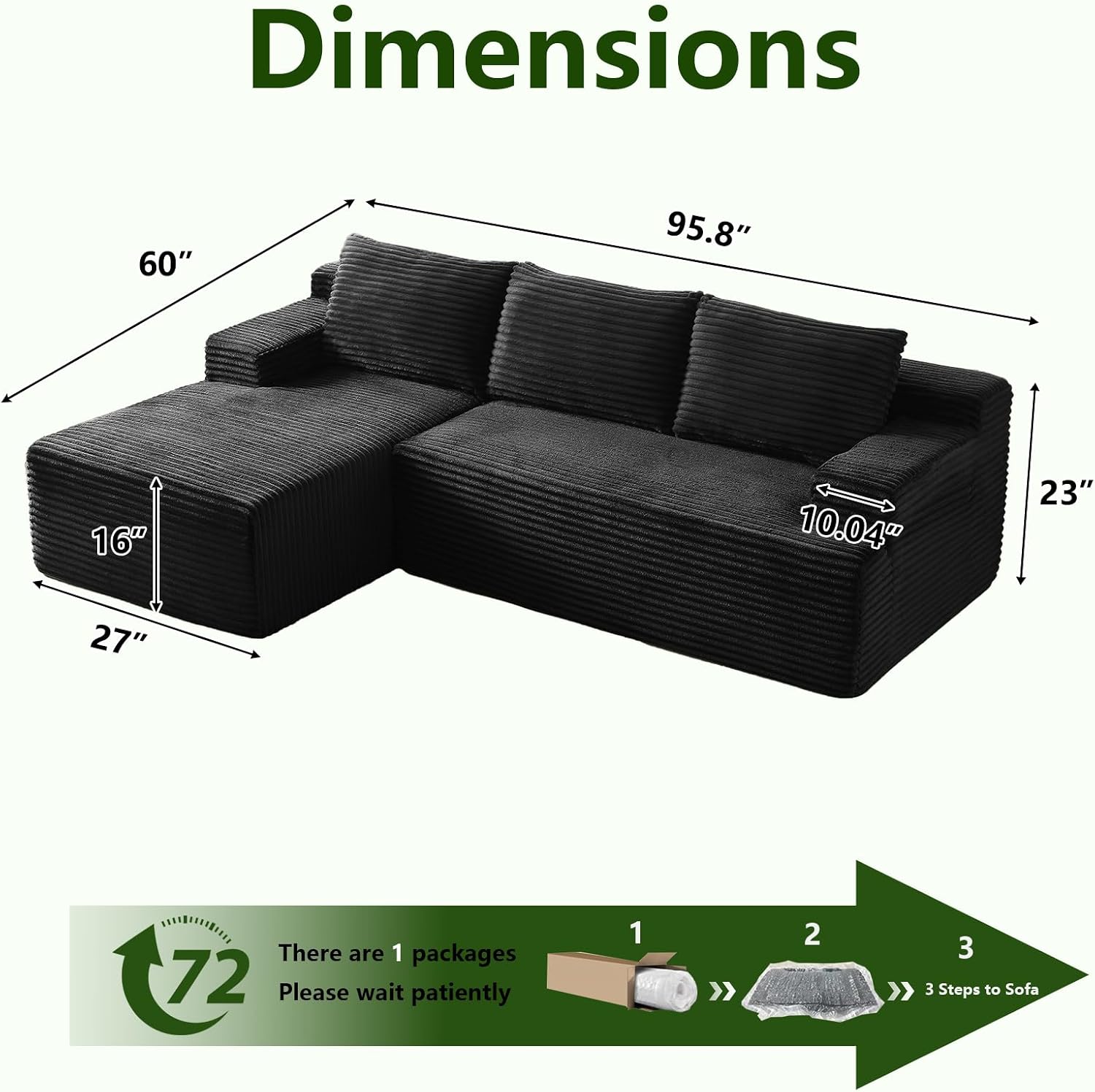 96' Modular Sectional Sofa, Modern Corduroy Cloud Couch with Side Pockets, Boneless Couch Upholstered 3-Seater L-Shaped Sofa for Living Room, No Assembly Required (Black, Left-Facing Chaise)
