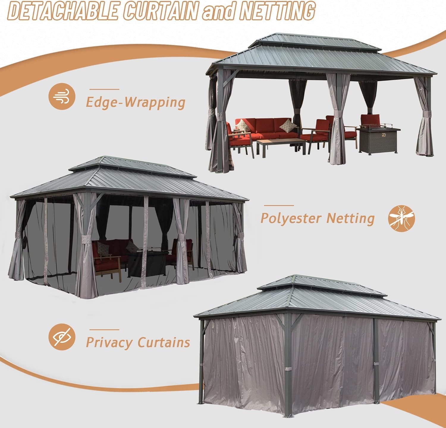 12' X 20' Hardtop Gazebo, Aluminum Metal Gazebo with Galvanized Steel Double Roof Canopy, Curtain and Netting, Pent Gazebo Pavilion for Patio, Backyard, Deck, Lawn