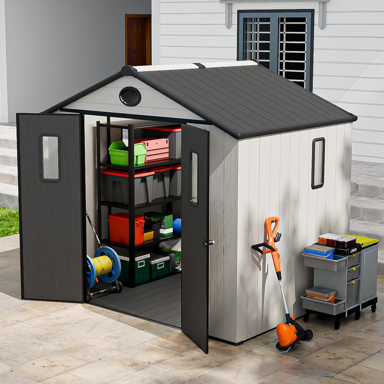 8x8 Outdoor Storage Shed with Floor, Heavy Duty Resin Tool Shed, Weather Resistant Garden Storage Building with Windows & Ventilation, White/Gray
