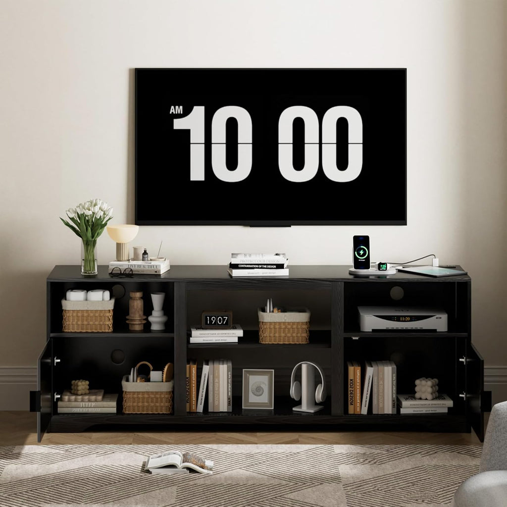 Fluted TV Stand for Tvs up to 80',Mid Century Modern TV Stand with Open Adjustable Shelf,Entertainment Center Wood TV Media Console with Cord Holes for Living Room Furniture Bedroom,Black