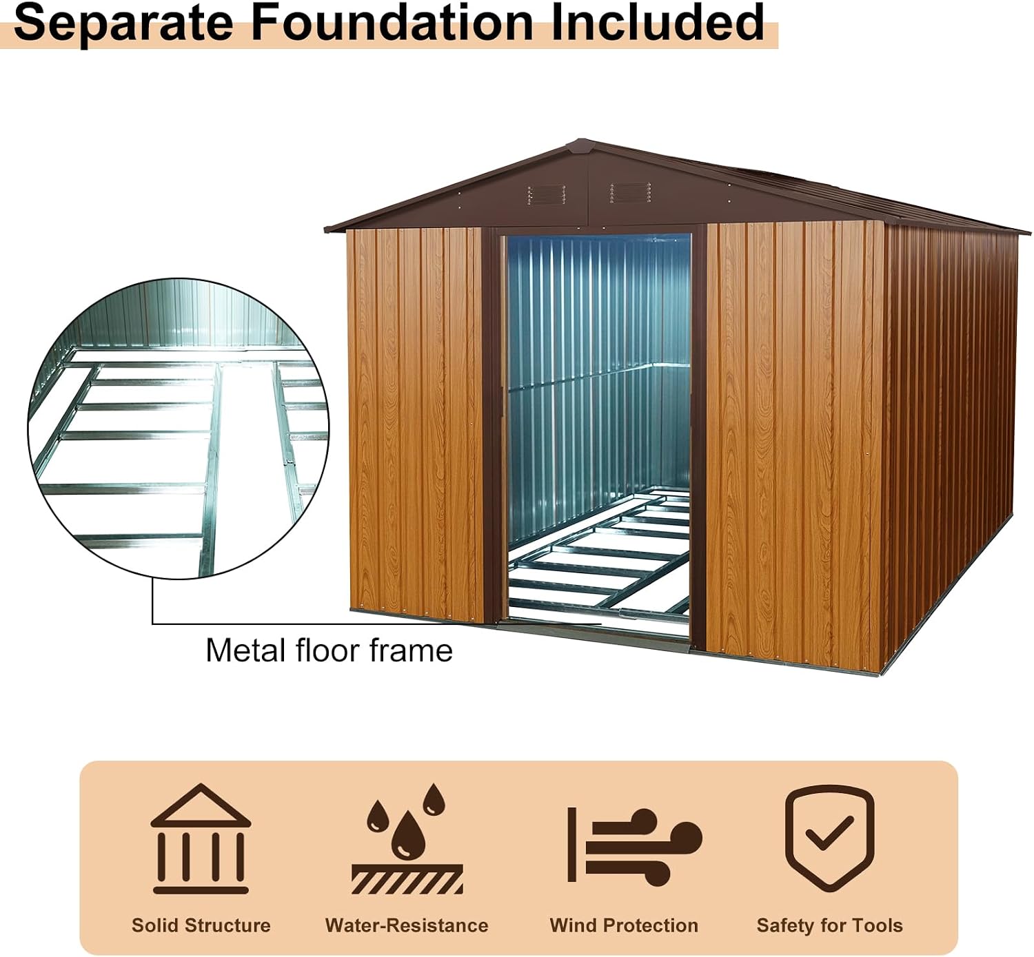 YOPTO 10×8 FT Outdoor Metal Storage Shed with Floor Base,Heavy Duty Garden Shed W/Integrated Punched Vents and Sliding Doors & Padlock,Large Waterproof Storage House for Backyard,Lawn,Coffee
