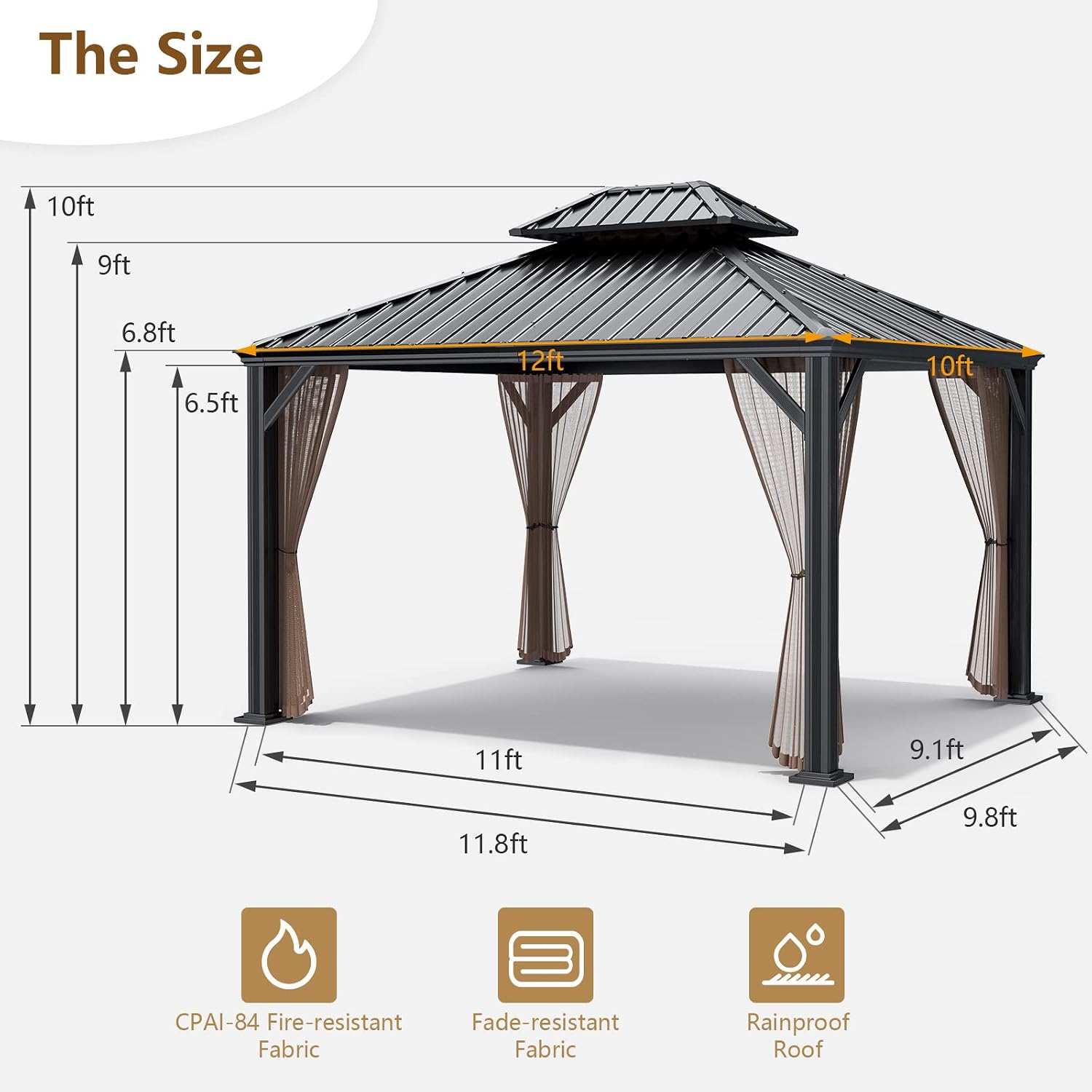 Tangkula 12ft x 10ft Hardtop Gazebo, 2-Tier Outdoor Gazebo w/Double Vented Roof & Central Hook, Galvanized Steel Frame Patio Sun Shelter for Lawn Backyard Poolside Deck (Brown)