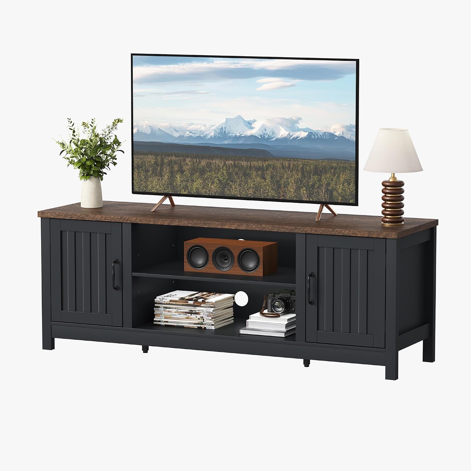 ChooChoo 54' Farmhouse TV Stand for TVs up to 65 inches, Entertainment Center with Storage Cabinets, Open Shelves and Fluted Door, TV Console Table for Living Room, Bedroom, Black