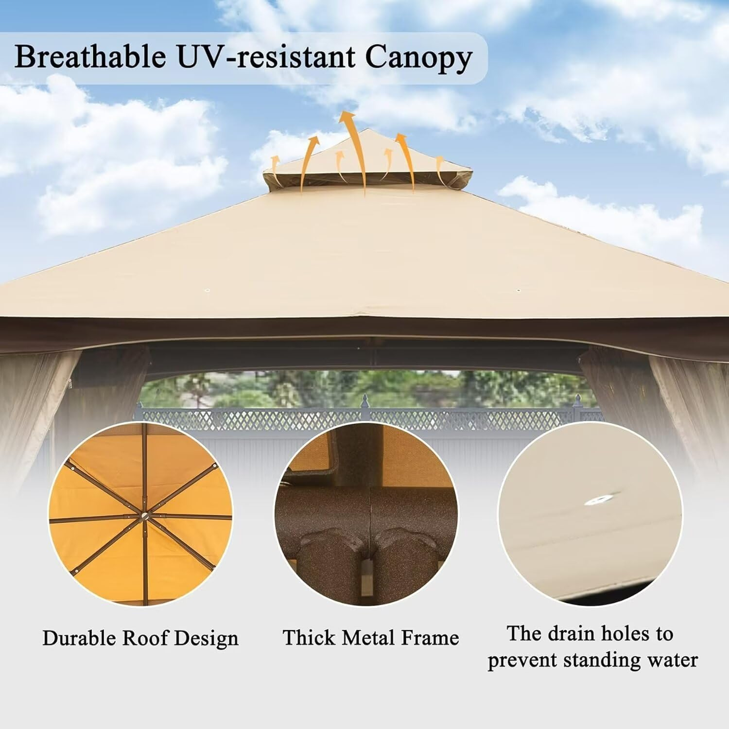 Domi Outdoor Living 10'x13' Patio Gazebo Outdoor Ventilation Double Roof Gazebo with Mosquito Netting for Patio,Lawn and Garden