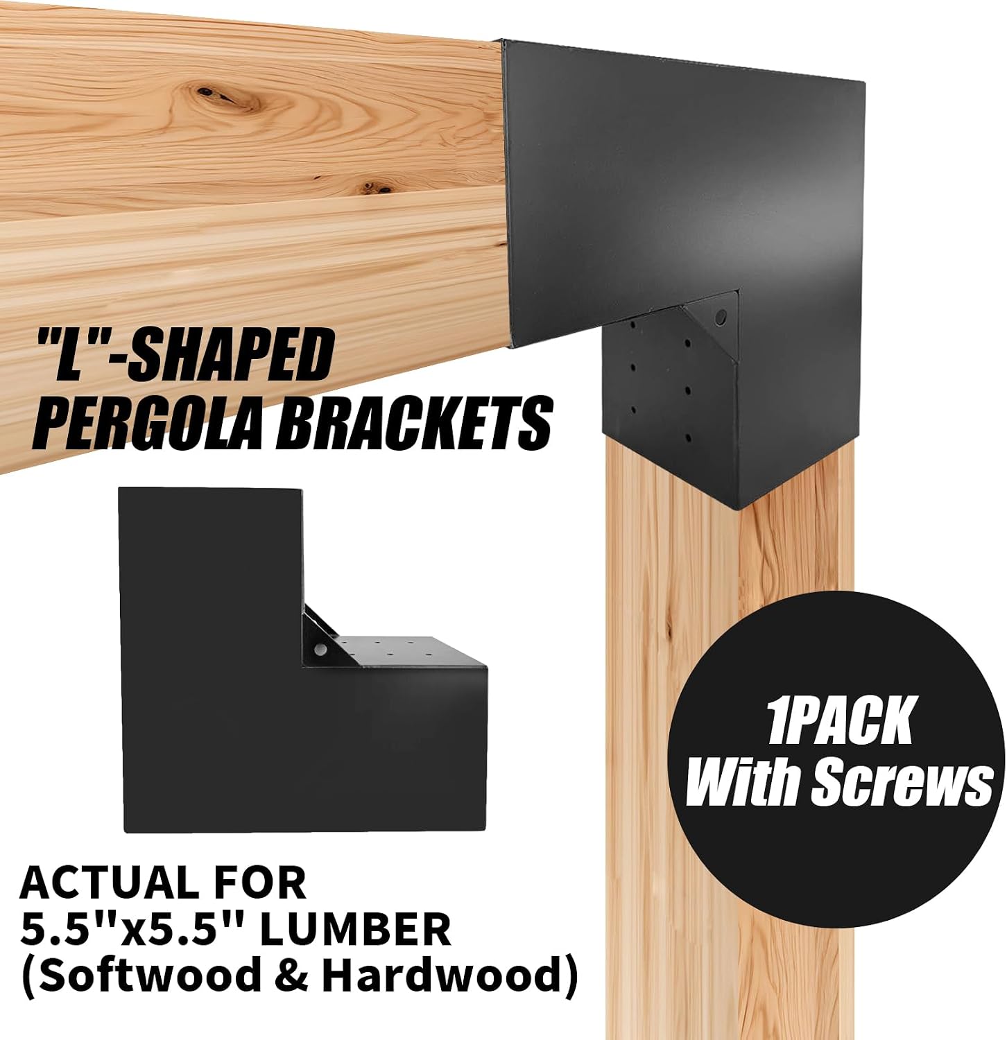 6'x6' L-Shaped Pergola Bracket,2-Way Woodwork Bracket for Indoor & Outdoor Wood Post Structures,DIY 90° Right Corner Brackets for Gazebos,Patios,Porchs,Log Cabins with Screws - 4Pack